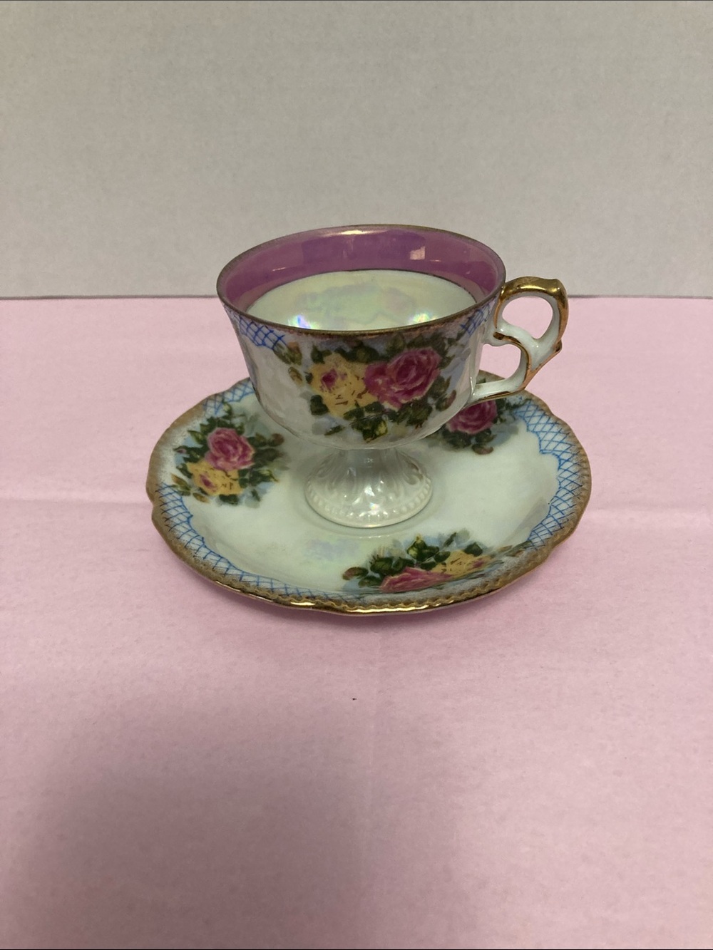 Vintage Sonsco Japan cup and saucer set rose design gold trim pearlware finish